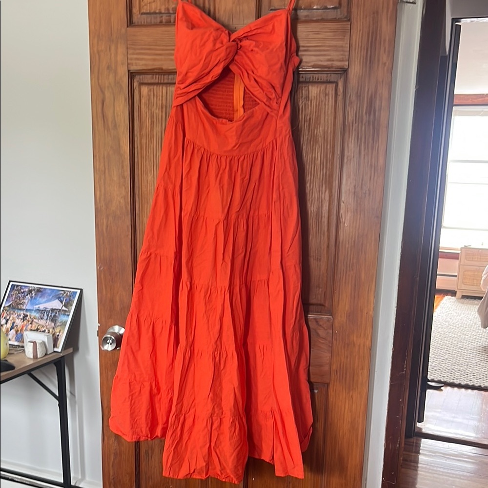Black Diamond Orange Pleated Tie Front Midi Dress